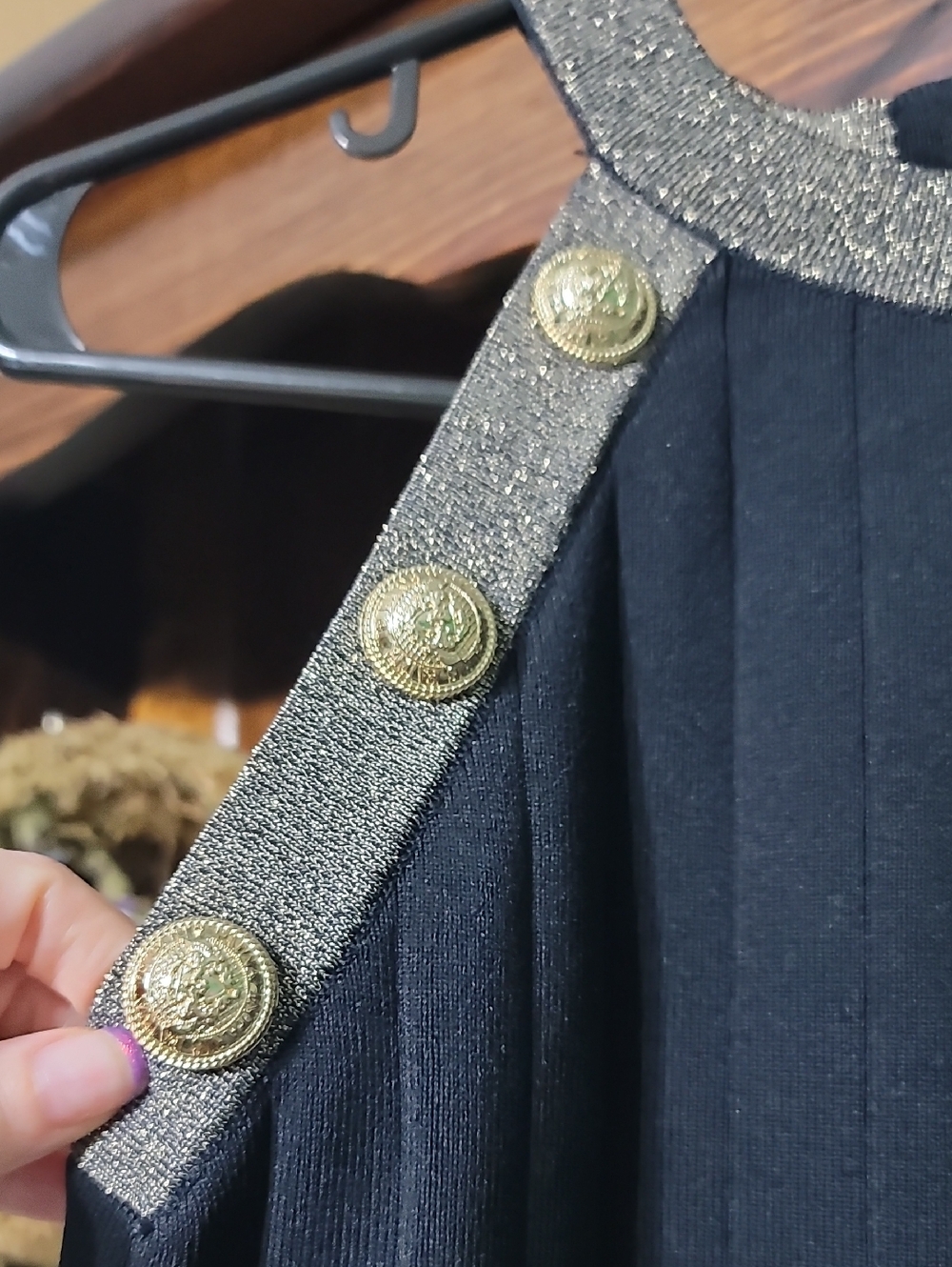 Black Knit Halter Dress With Gold Buttons And Metallic Lurex Trims - Picture 5 of 11